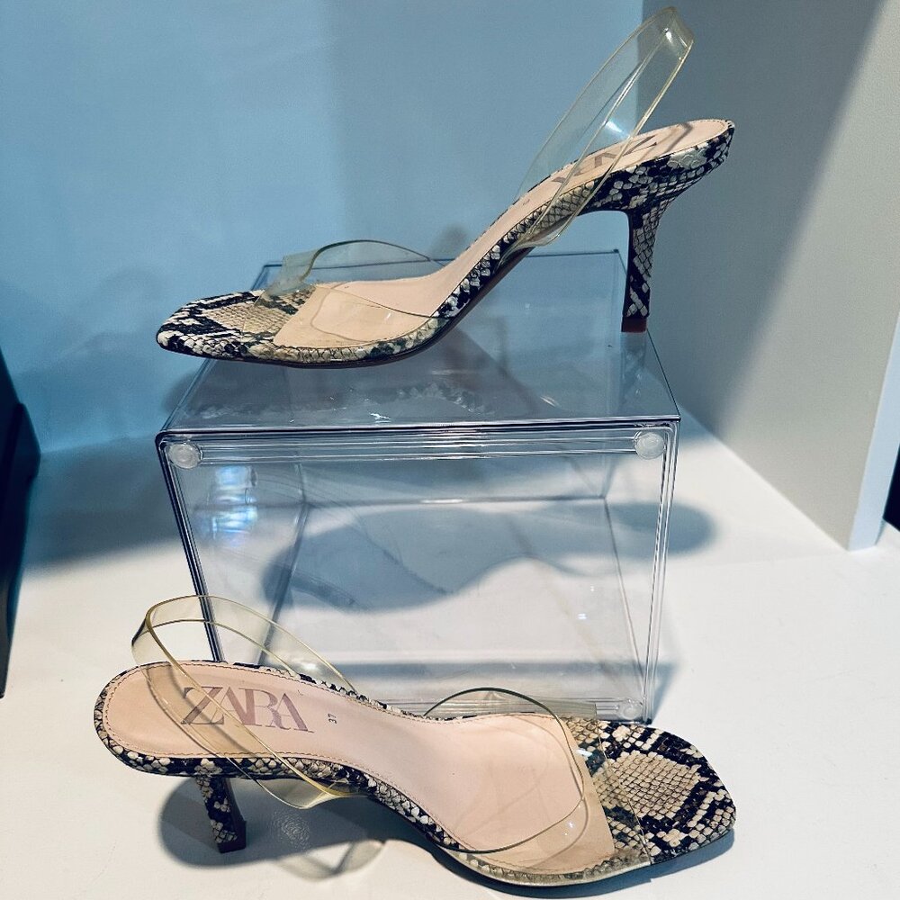 New Zara Snake Print & Clear/Vinyl Slingback Heels, Size 37/ US 6.5 (NWOT)